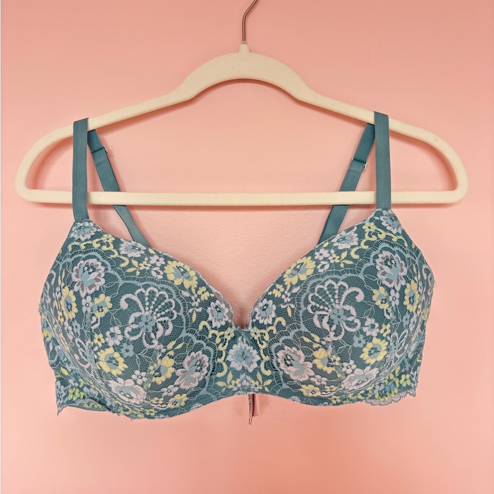 Victoria’s Secret Dream Angels Blue Green Crossdye Lace Push-Up Bra Size 38D